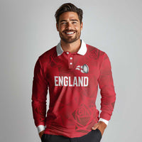 Custom England Rugby Long Sleeve Polo Shirt Roses Geometric Sport