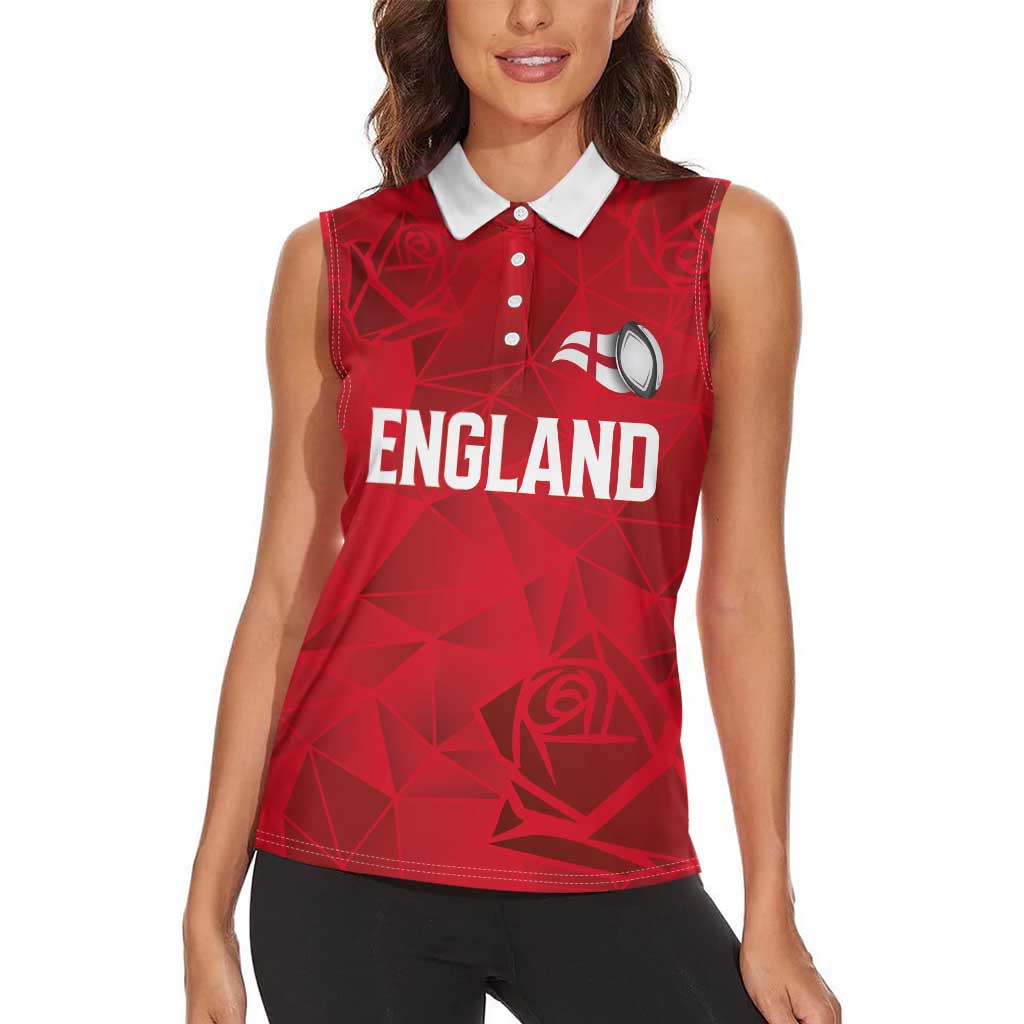 Custom England Rugby Women Sleeveless Polo Shirt Roses Geometric Sport