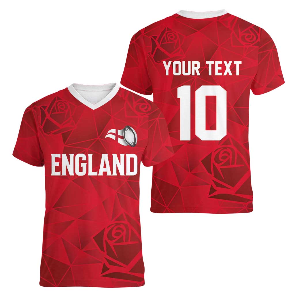 Custom England Rugby Women V-Neck T-Shirt Roses Geometric Sport