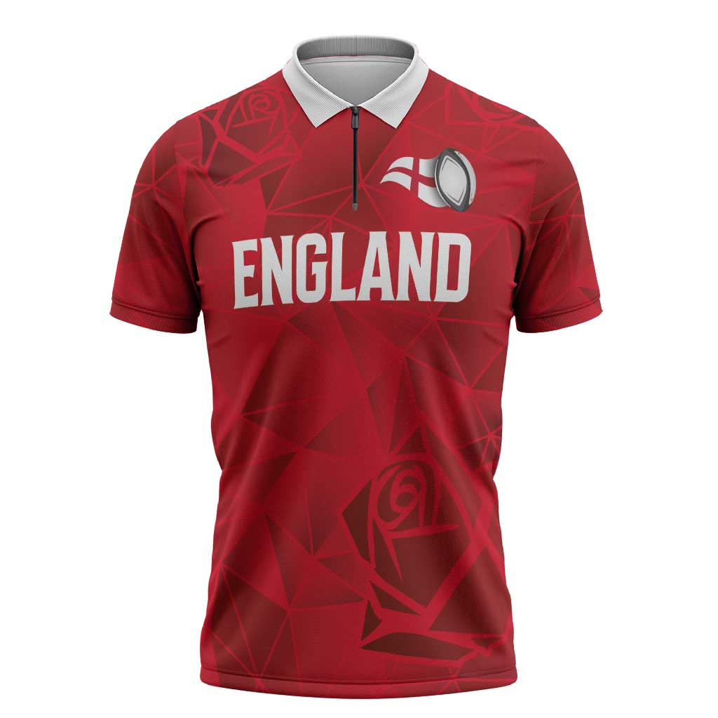 Custom England Rugby Zipper Polo Shirt Roses Geometric Sport