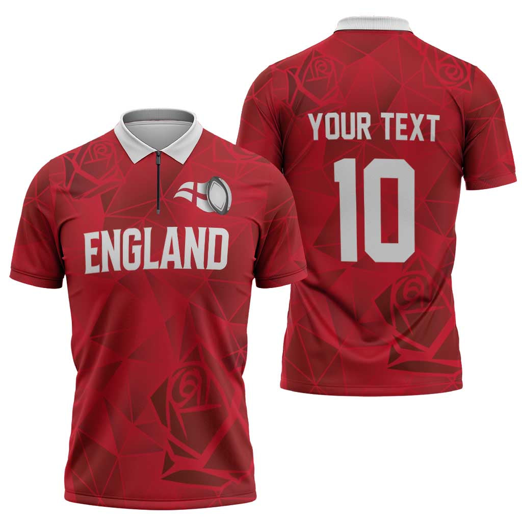 Custom England Rugby Zipper Polo Shirt Roses Geometric Sport