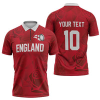 Custom England Rugby Zipper Polo Shirt Roses Geometric Sport
