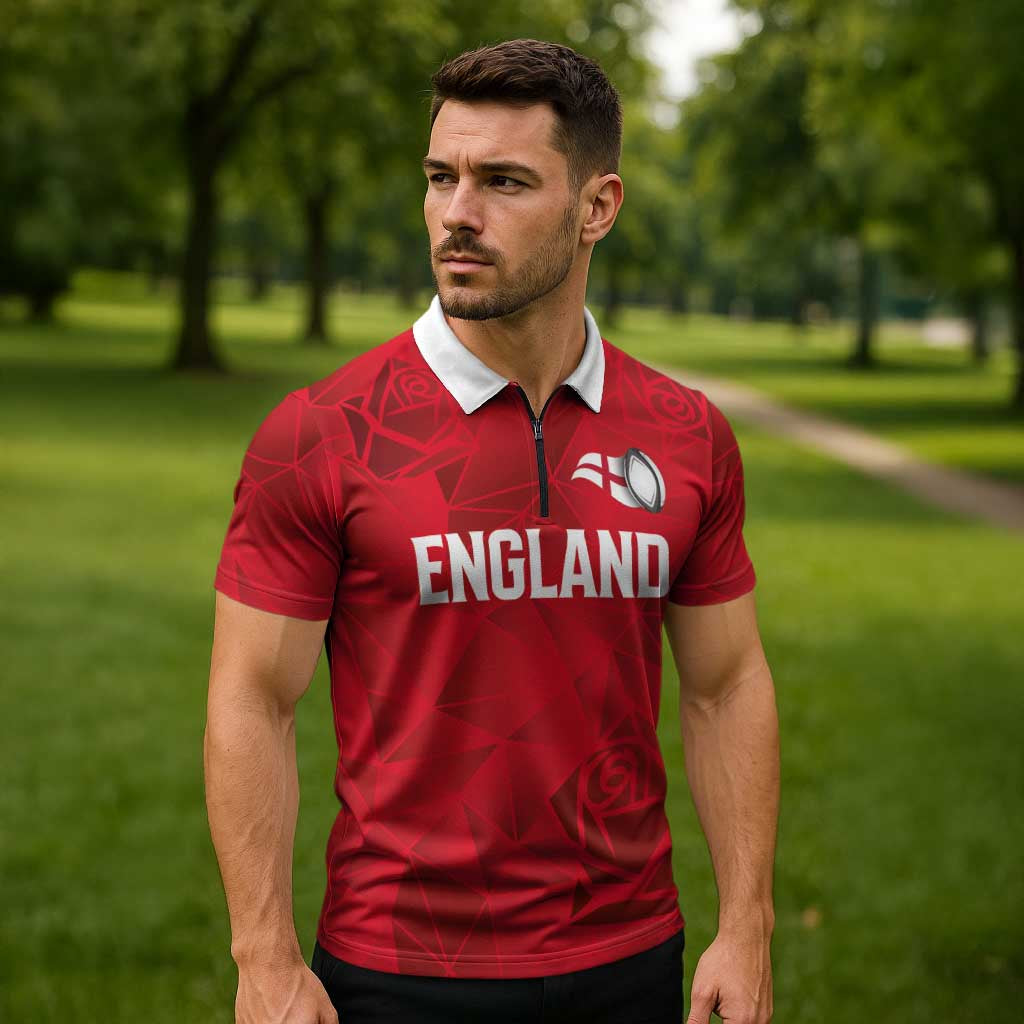 Custom England Rugby Zipper Polo Shirt Roses Geometric Sport