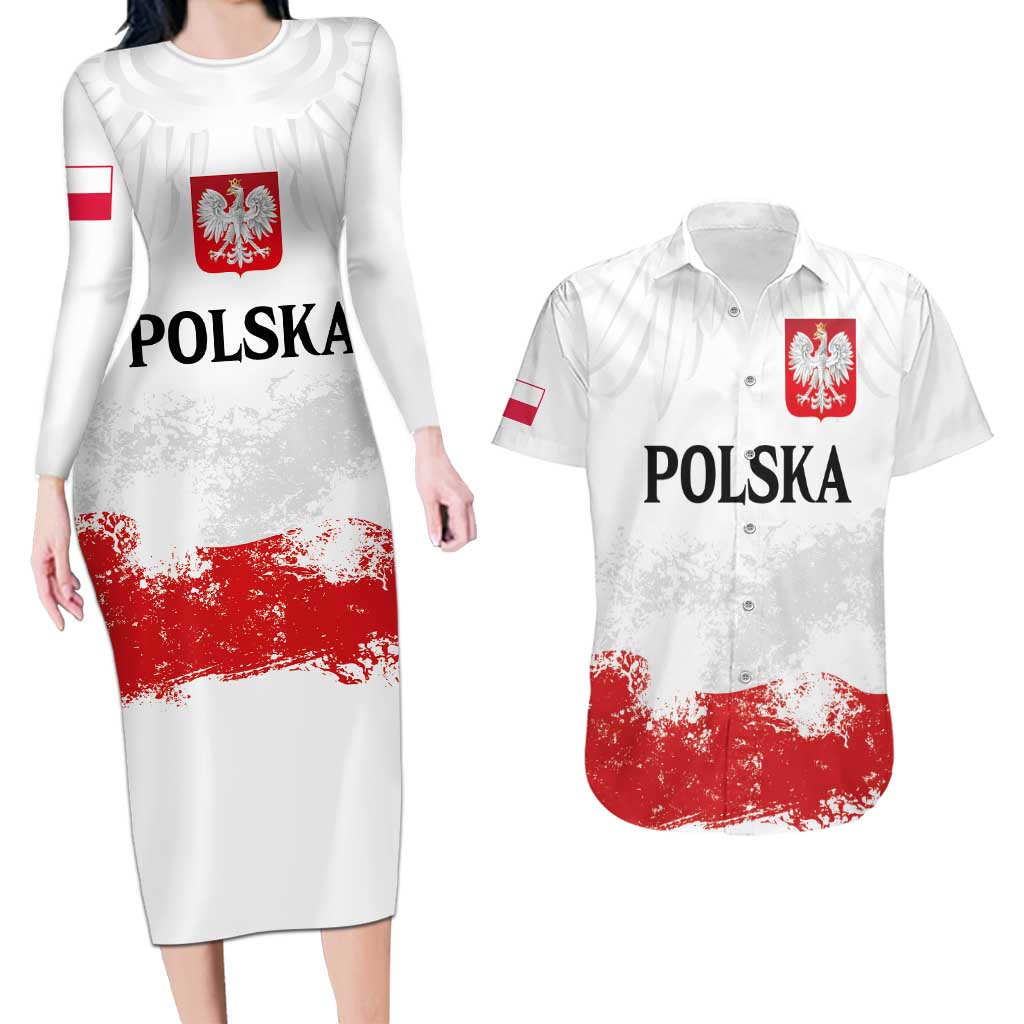 Personalized Polish National Flag Day Couples Matching Long Sleeve Bodycon Dress and Hawaiian Shirt Polska White Eagle Grunge Style