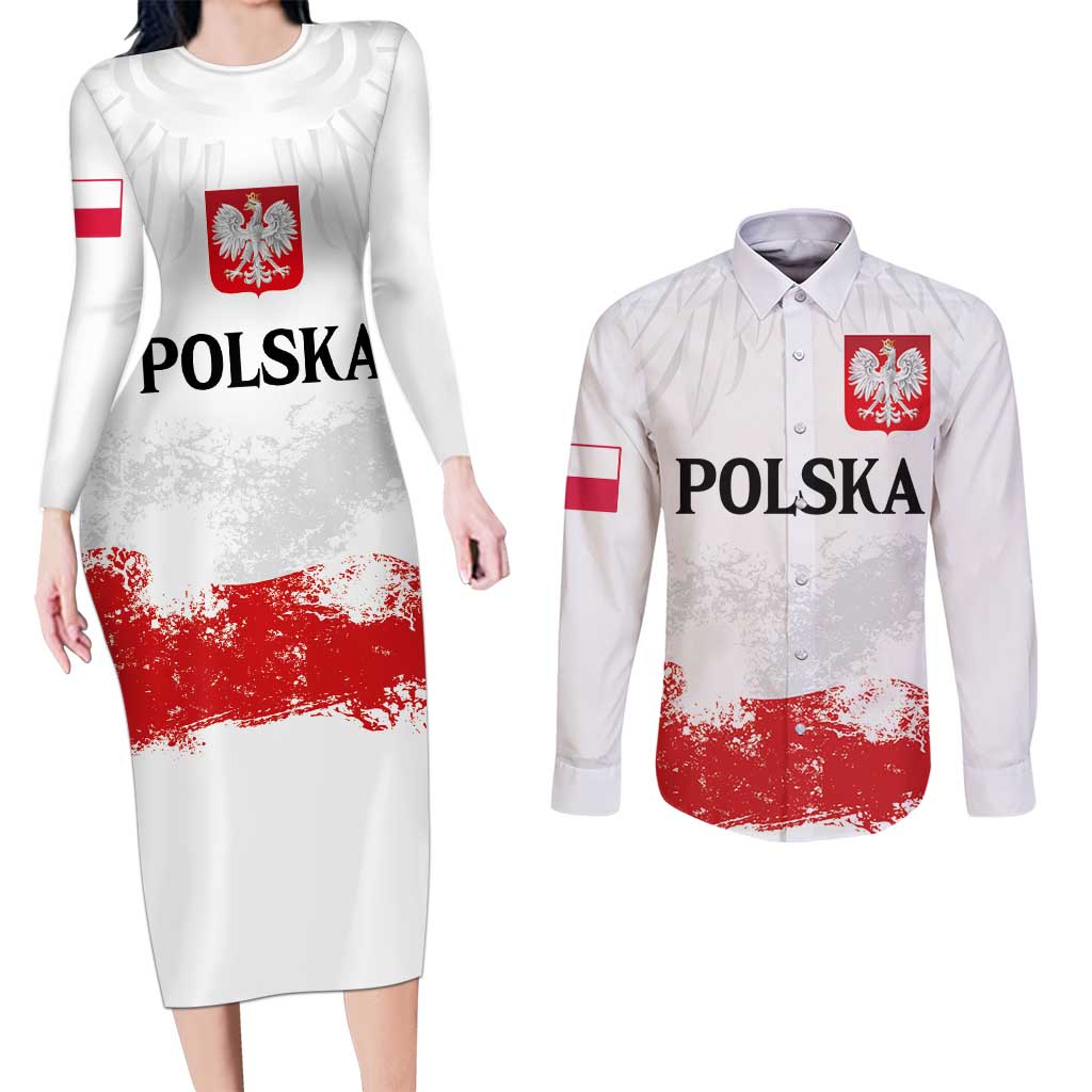 Personalized Polish National Flag Day Couples Matching Long Sleeve Bodycon Dress and Long Sleeve Button Shirt Polska White Eagle Grunge Style