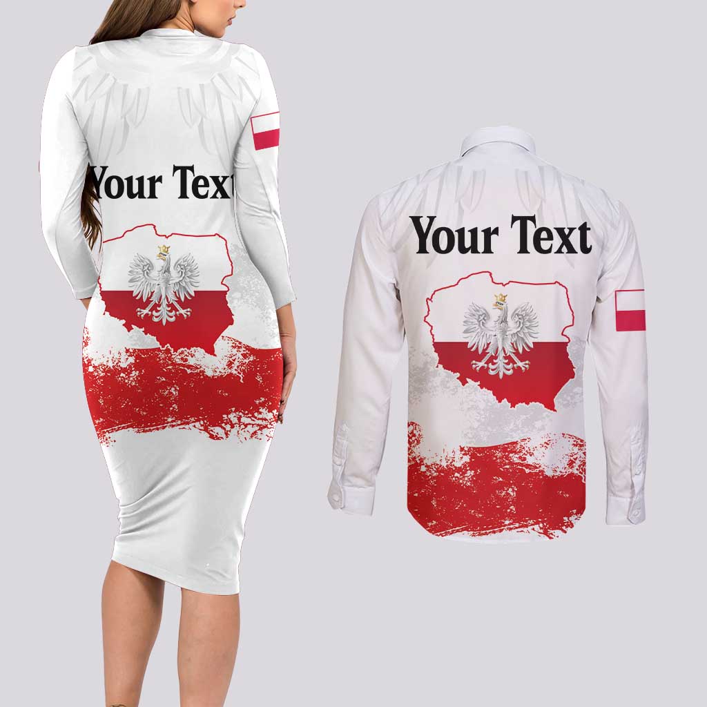 Personalized Polish National Flag Day Couples Matching Long Sleeve Bodycon Dress and Long Sleeve Button Shirt Polska White Eagle Grunge Style