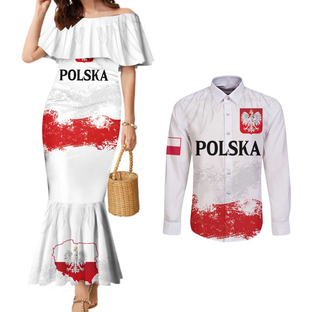 Personalized Polish National Flag Day Couples Matching Mermaid Dress and Long Sleeve Button Shirt Polska White Eagle Grunge Style