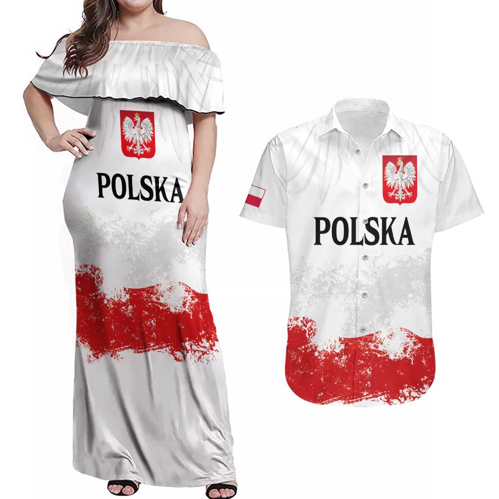 Personalized Polish National Flag Day Couples Matching Off Shoulder Maxi Dress and Hawaiian Shirt Polska White Eagle Grunge Style