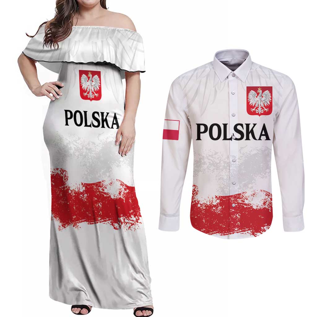 Personalized Polish National Flag Day Couples Matching Off Shoulder Maxi Dress and Long Sleeve Button Shirt Polska White Eagle Grunge Style