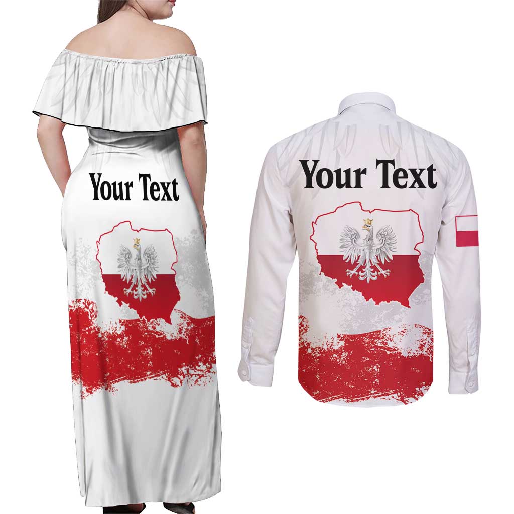Personalized Polish National Flag Day Couples Matching Off Shoulder Maxi Dress and Long Sleeve Button Shirt Polska White Eagle Grunge Style