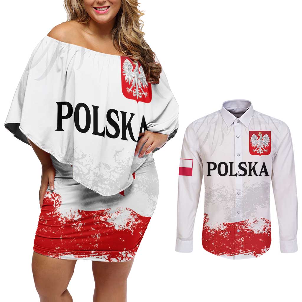 Personalized Polish National Flag Day Couples Matching Off Shoulder Short Dress and Long Sleeve Button Shirt Polska White Eagle Grunge Style