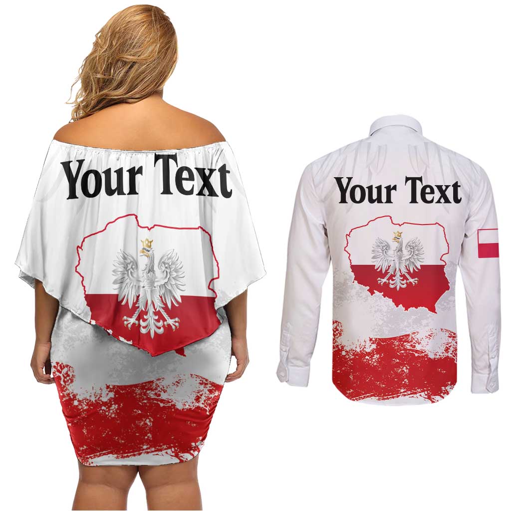 Personalized Polish National Flag Day Couples Matching Off Shoulder Short Dress and Long Sleeve Button Shirt Polska White Eagle Grunge Style