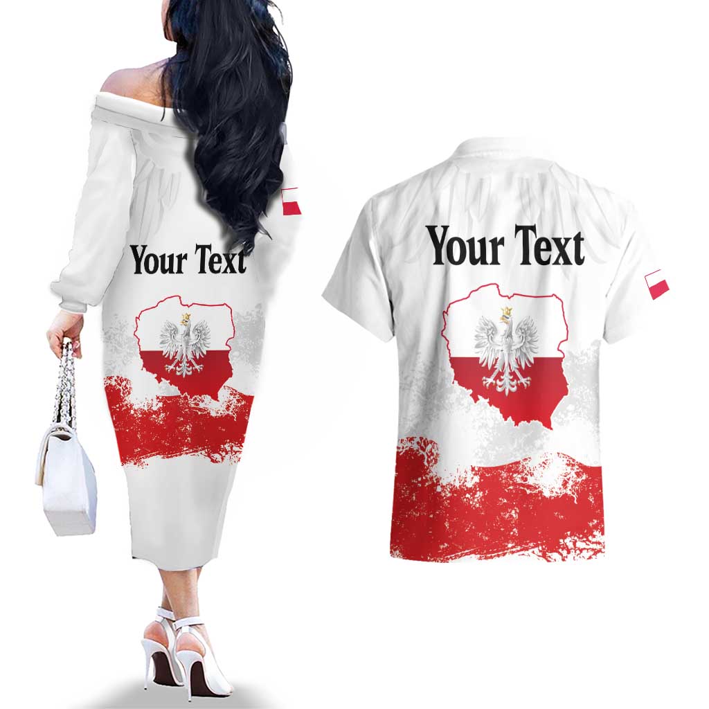 Personalized Polish National Flag Day Couples Matching Off The Shoulder Long Sleeve Dress and Hawaiian Shirt Polska White Eagle Grunge Style