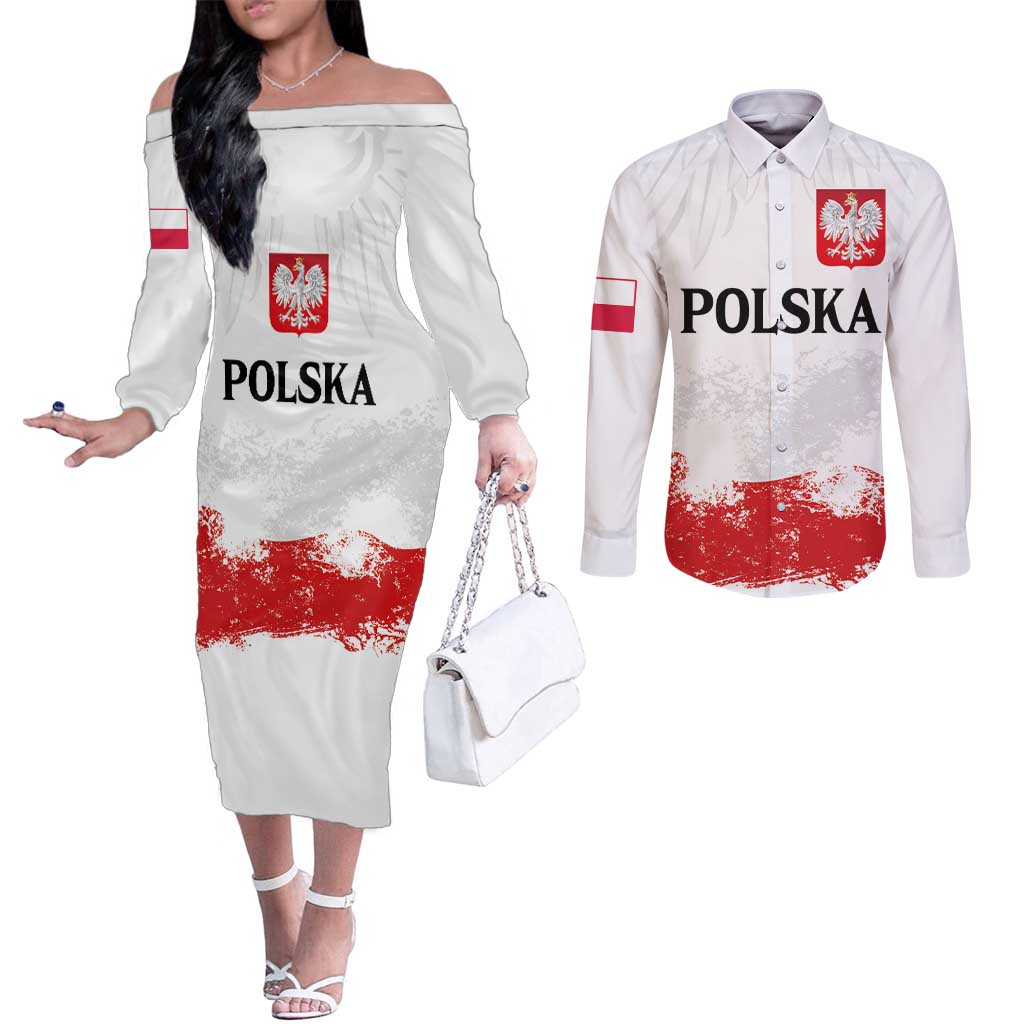 Personalized Polish National Flag Day Couples Matching Off The Shoulder Long Sleeve Dress and Long Sleeve Button Shirt Polska White Eagle Grunge Style