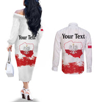 Personalized Polish National Flag Day Couples Matching Off The Shoulder Long Sleeve Dress and Long Sleeve Button Shirt Polska White Eagle Grunge Style