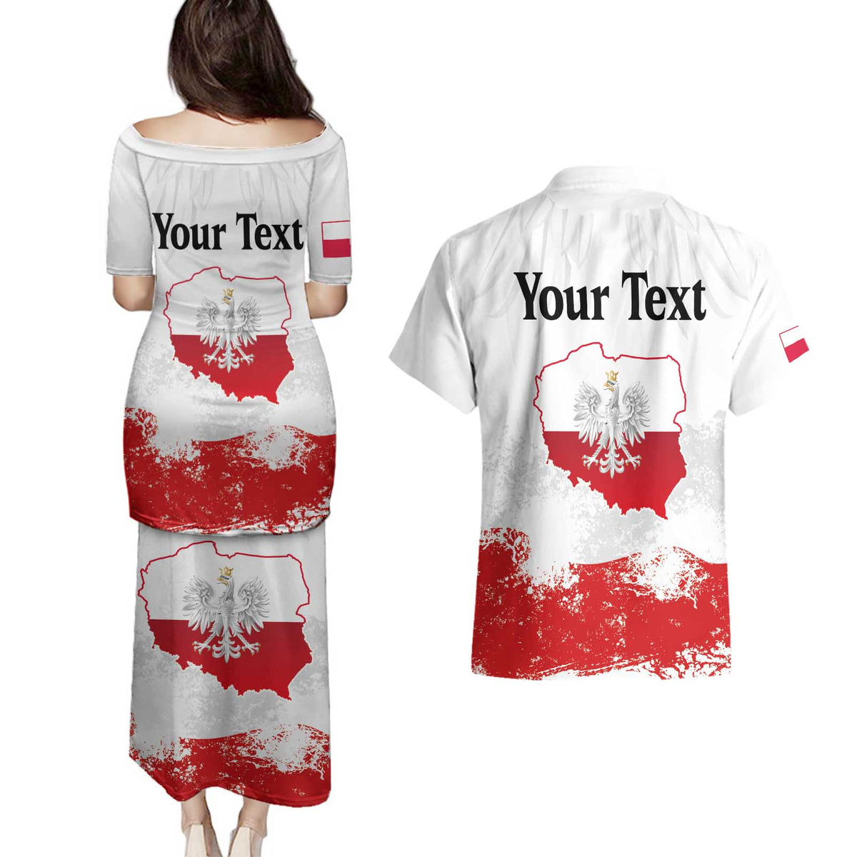 Personalized Polish National Flag Day Couples Matching Puletasi and Hawaiian Shirt Polska White Eagle Grunge Style