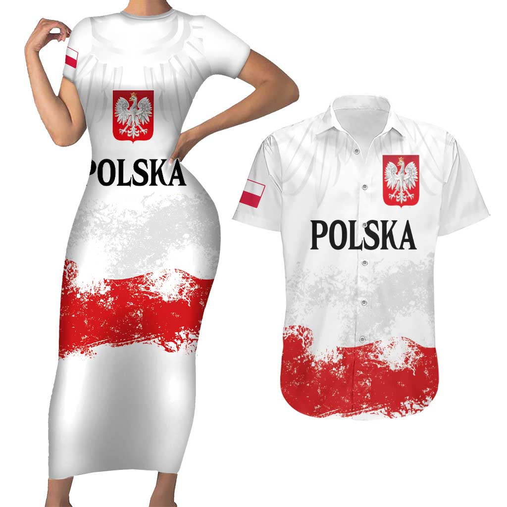 Personalized Polish National Flag Day Couples Matching Short Sleeve Bodycon Dress and Hawaiian Shirt Polska White Eagle Grunge Style