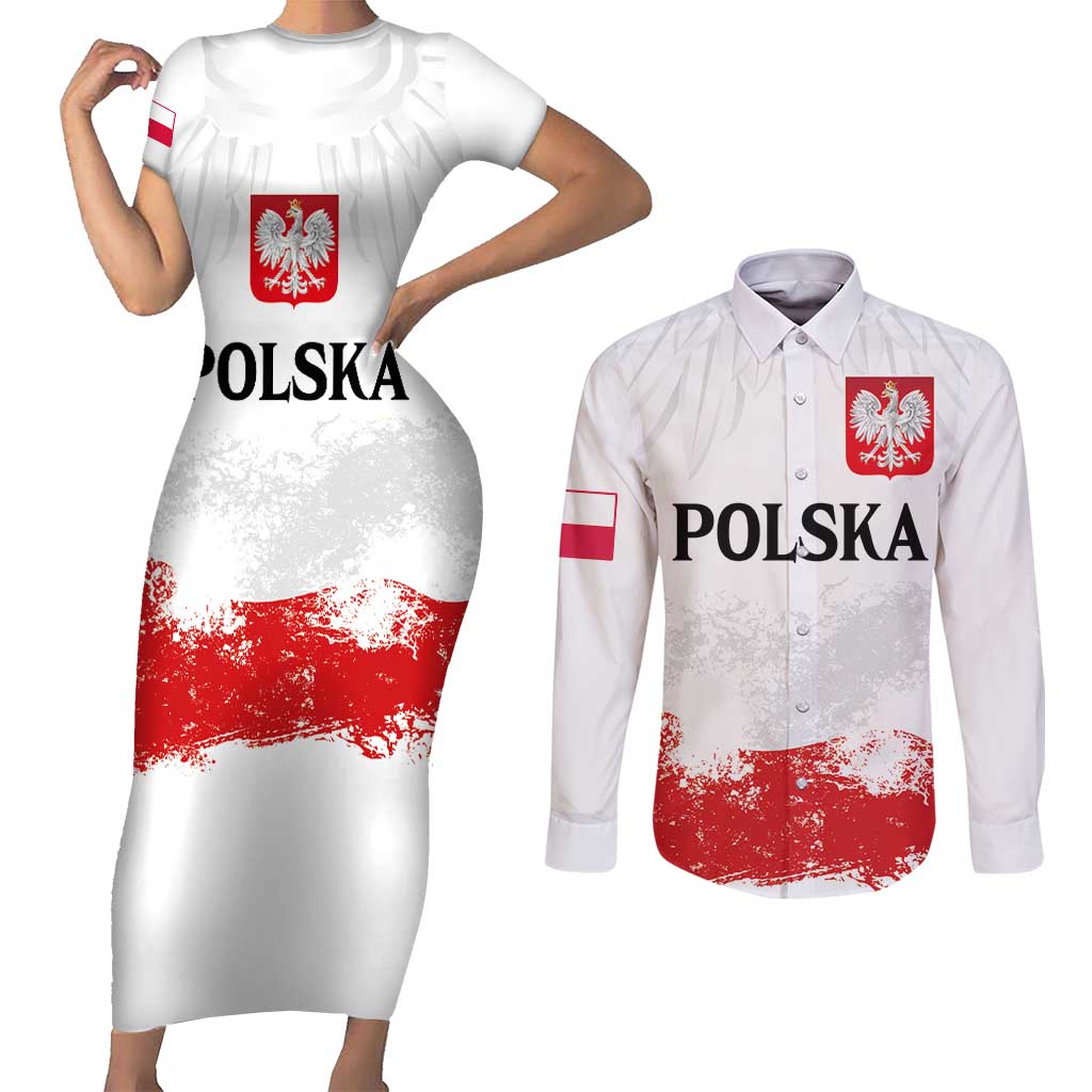 Personalized Polish National Flag Day Couples Matching Short Sleeve Bodycon Dress and Long Sleeve Button Shirt Polska White Eagle Grunge Style
