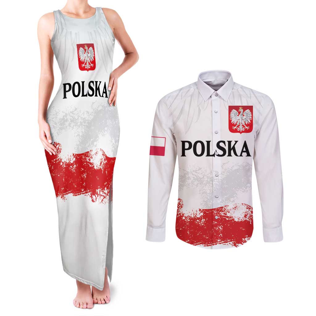 Personalized Polish National Flag Day Couples Matching Tank Maxi Dress and Long Sleeve Button Shirt Polska White Eagle Grunge Style