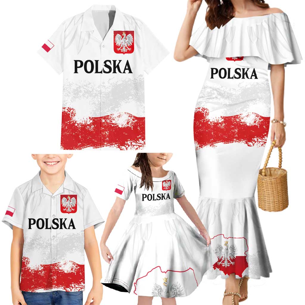 Personalized Polish National Flag Day Family Matching Mermaid Dress and Hawaiian Shirt Polska White Eagle Grunge Style