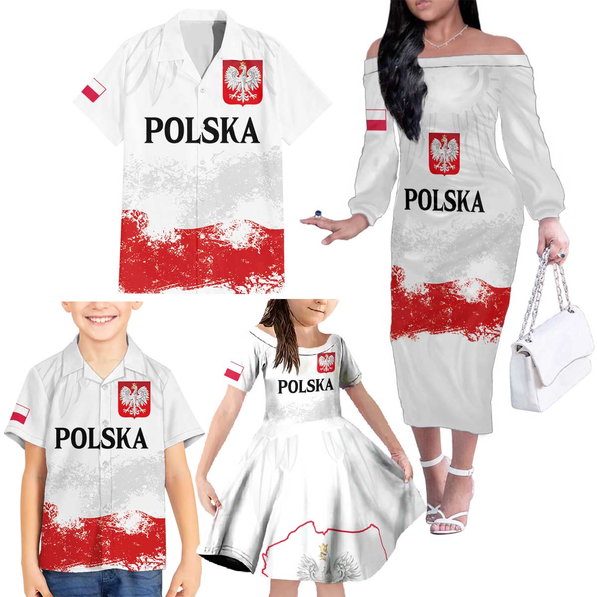 Personalized Polish National Flag Day Family Matching Off The Shoulder Long Sleeve Dress and Hawaiian Shirt Polska White Eagle Grunge Style