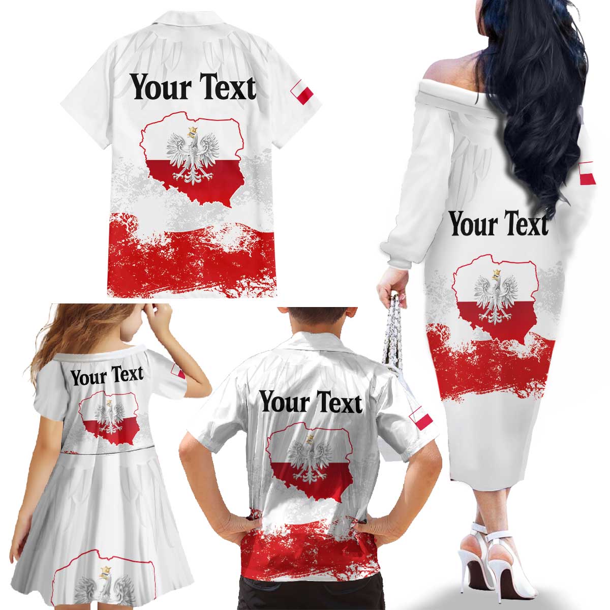 Personalized Polish National Flag Day Family Matching Off The Shoulder Long Sleeve Dress and Hawaiian Shirt Polska White Eagle Grunge Style