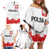 Personalized Polish National Flag Day Family Matching Off Shoulder Short Dress and Hawaiian Shirt Polska White Eagle Grunge Style