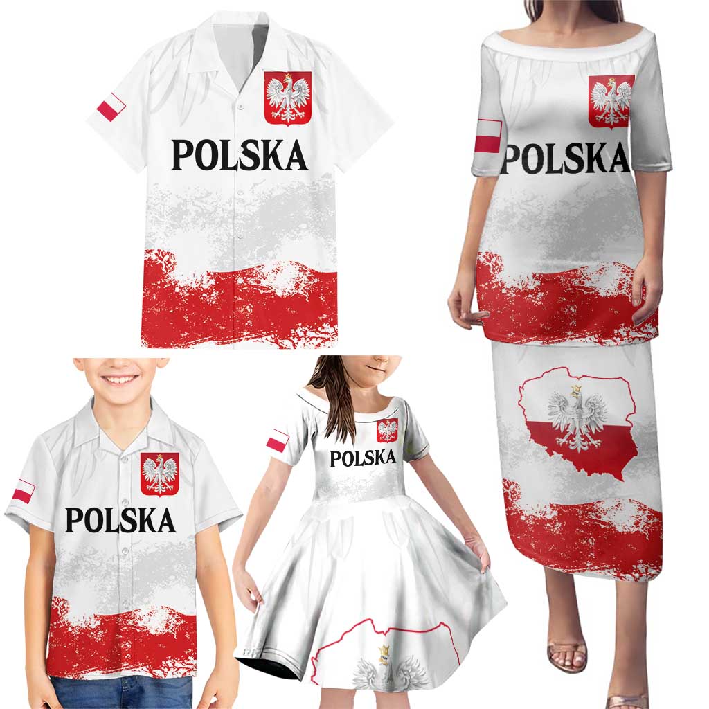 Personalized Polish National Flag Day Family Matching Puletasi and Hawaiian Shirt Polska White Eagle Grunge Style