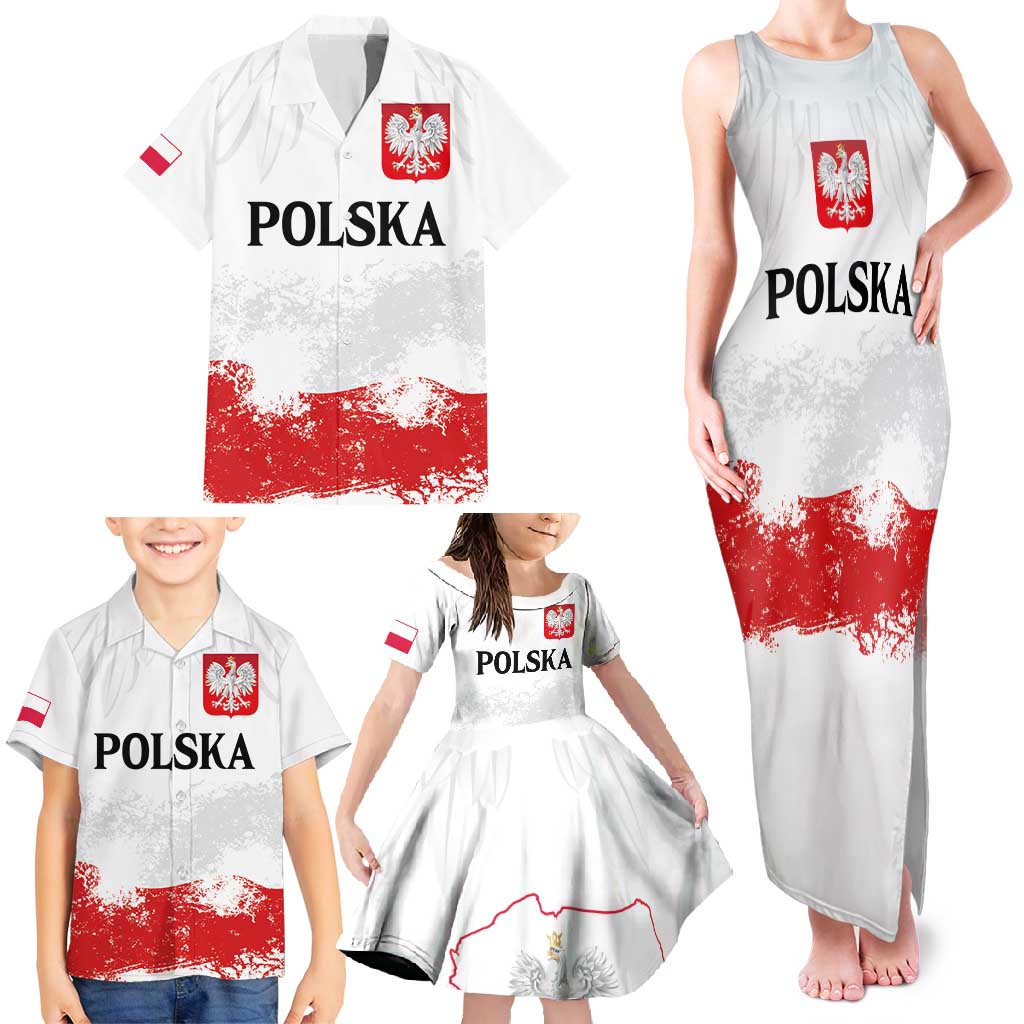 Personalized Polish National Flag Day Family Matching Tank Maxi Dress and Hawaiian Shirt Polska White Eagle Grunge Style