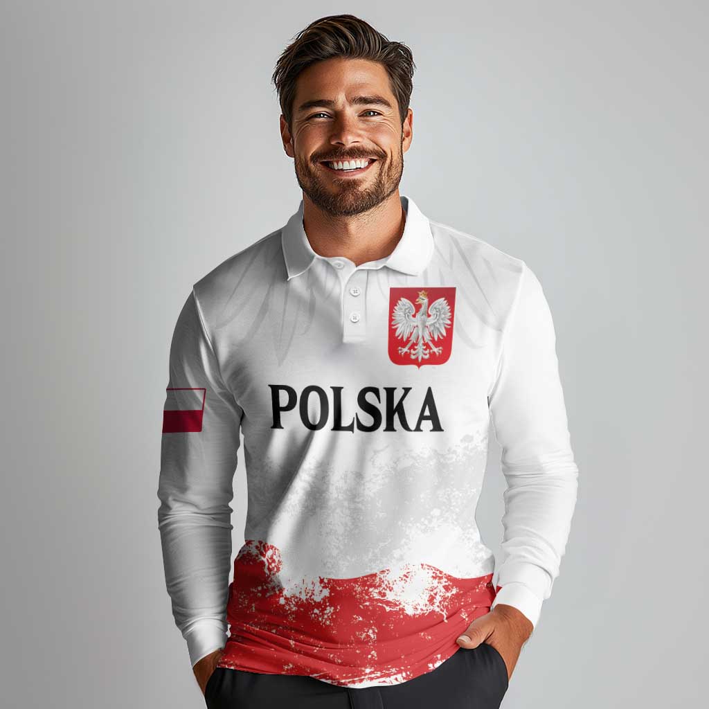 Personalized Polish National Flag Day Long Sleeve Polo Shirt Polska White Eagle Grunge Style