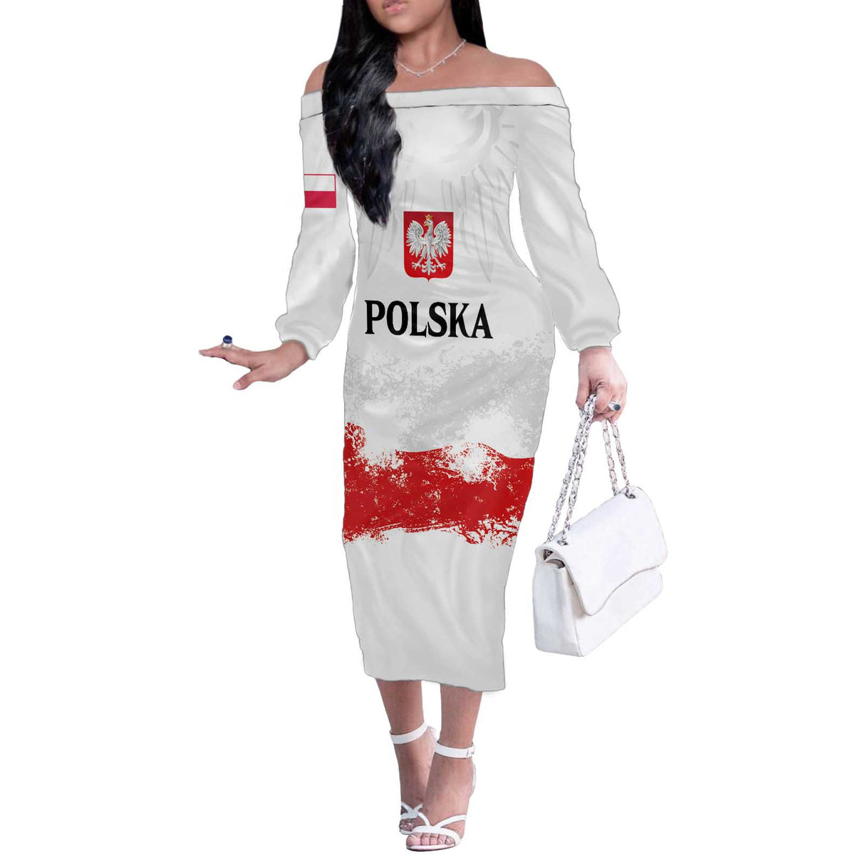 Personalized Polish National Flag Day Off The Shoulder Long Sleeve Dress Polska White Eagle Grunge Style