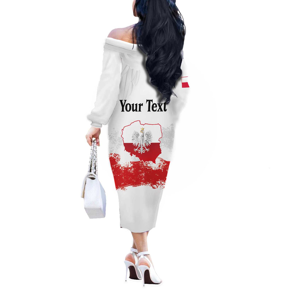 Personalized Polish National Flag Day Off The Shoulder Long Sleeve Dress Polska White Eagle Grunge Style
