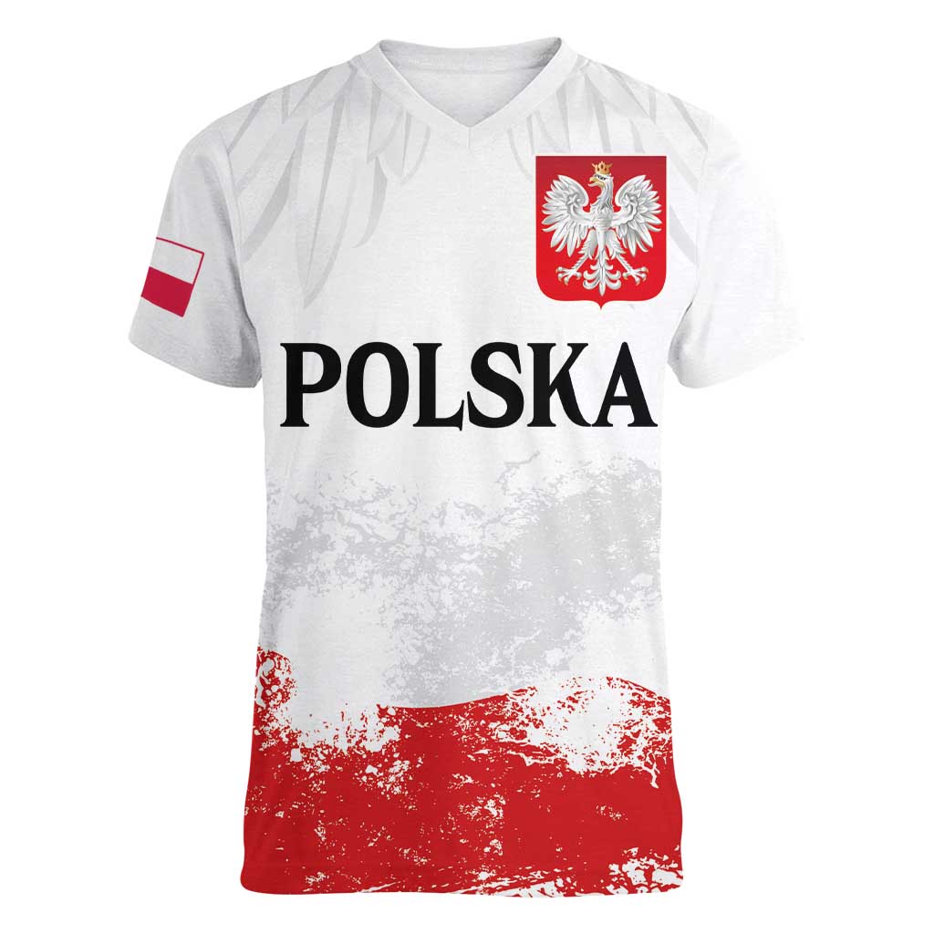 Personalized Polish National Flag Day Women V-Neck T-Shirt Polska White Eagle Grunge Style