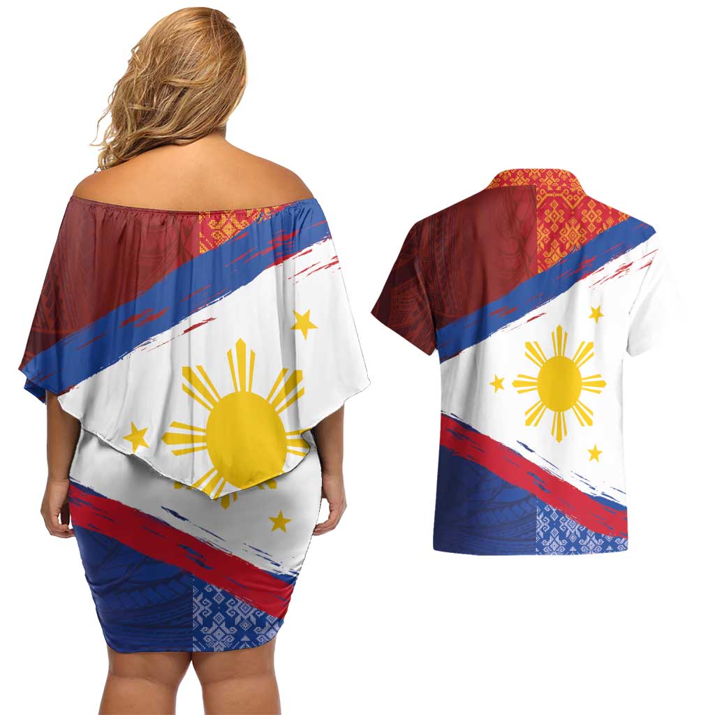 Philippines National Flag Day Couples Matching Off Shoulder Short Dress and Hawaiian Shirt Polynesian and Yakan Tattoo Brush Style