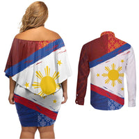 Philippines National Flag Day Couples Matching Off Shoulder Short Dress and Long Sleeve Button Shirt Polynesian and Yakan Tattoo Brush Style