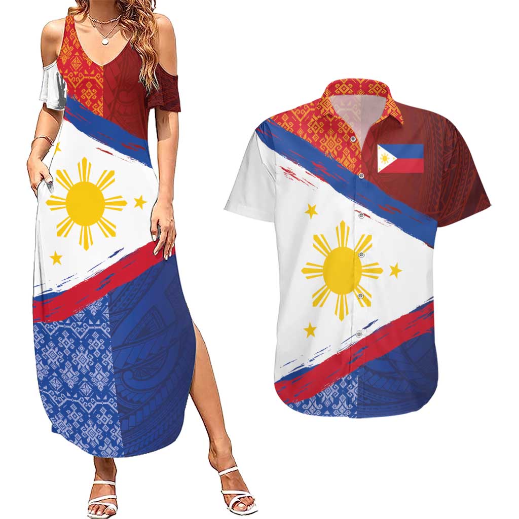 Philippines National Flag Day Couples Matching Summer Maxi Dress and Hawaiian Shirt Polynesian and Yakan Tattoo Brush Style
