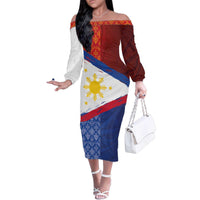Philippines National Flag Day Family Matching Off The Shoulder Long Sleeve Dress and Hawaiian Shirt Polynesian and Yakan Tattoo Brush Style