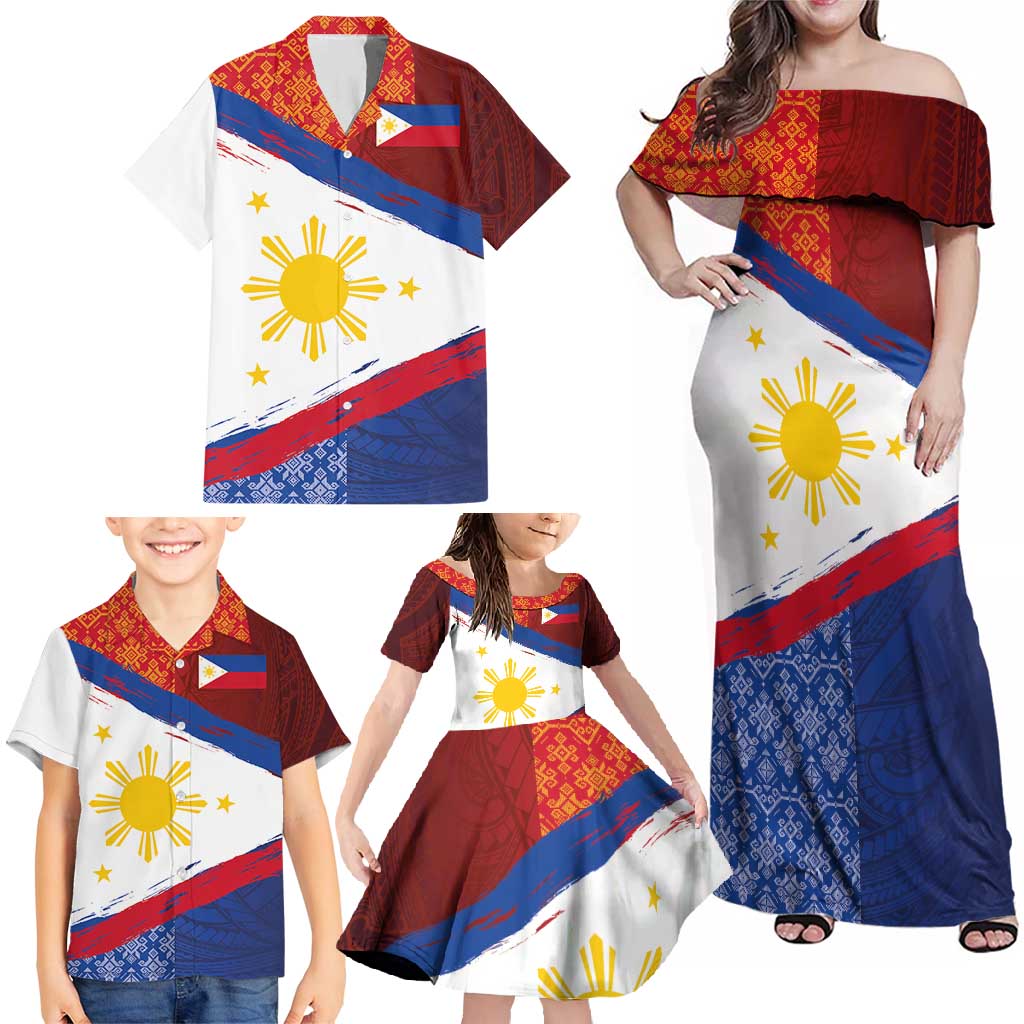 Philippines National Flag Day Family Matching Off Shoulder Maxi Dress and Hawaiian Shirt Polynesian and Yakan Tattoo Brush Style