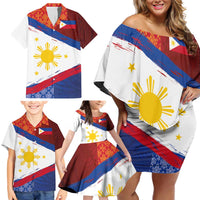 Philippines National Flag Day Family Matching Off Shoulder Short Dress and Hawaiian Shirt Polynesian and Yakan Tattoo Brush Style