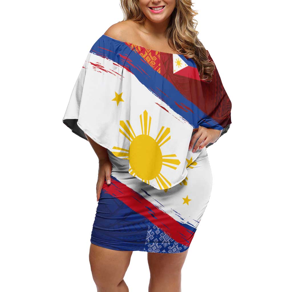 Philippines National Flag Day Family Matching Off Shoulder Short Dress and Hawaiian Shirt Polynesian and Yakan Tattoo Brush Style