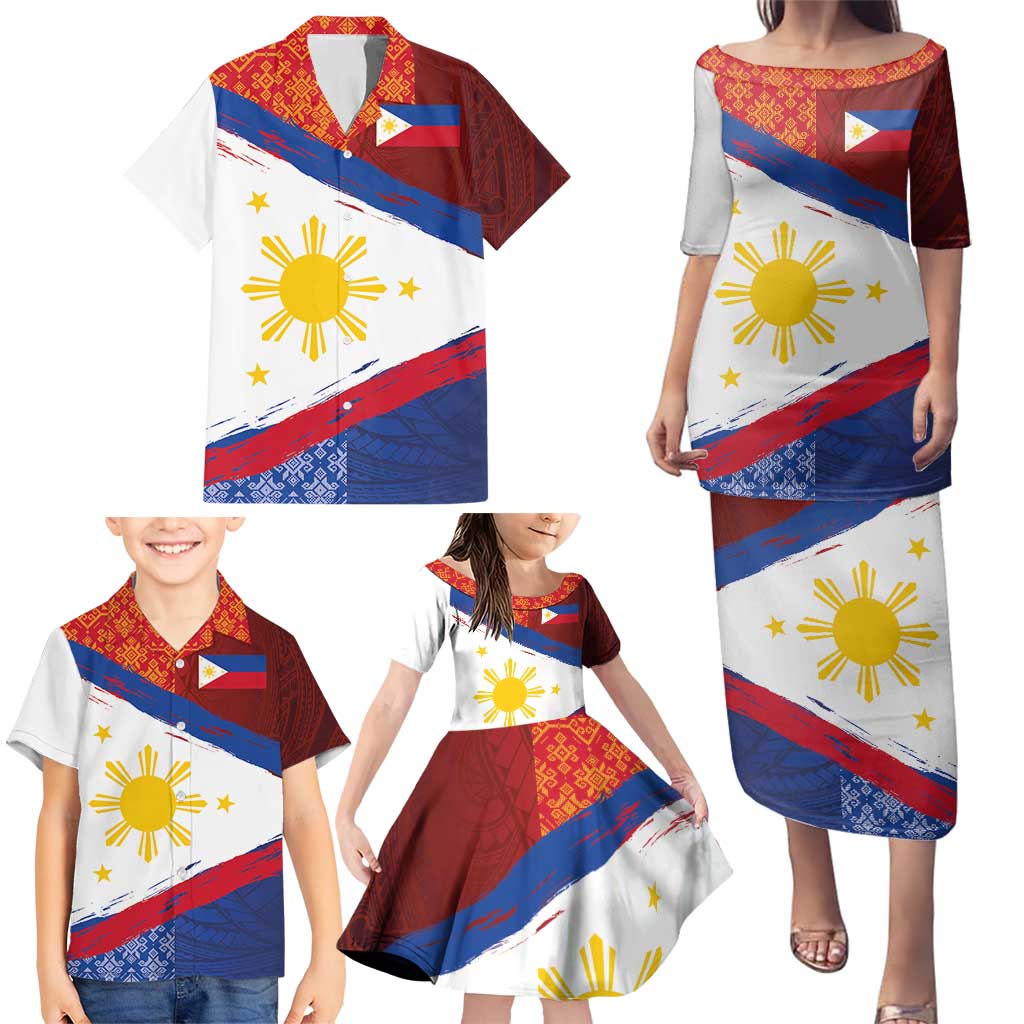 Philippines National Flag Day Family Matching Puletasi and Hawaiian Shirt Polynesian and Yakan Tattoo Brush Style