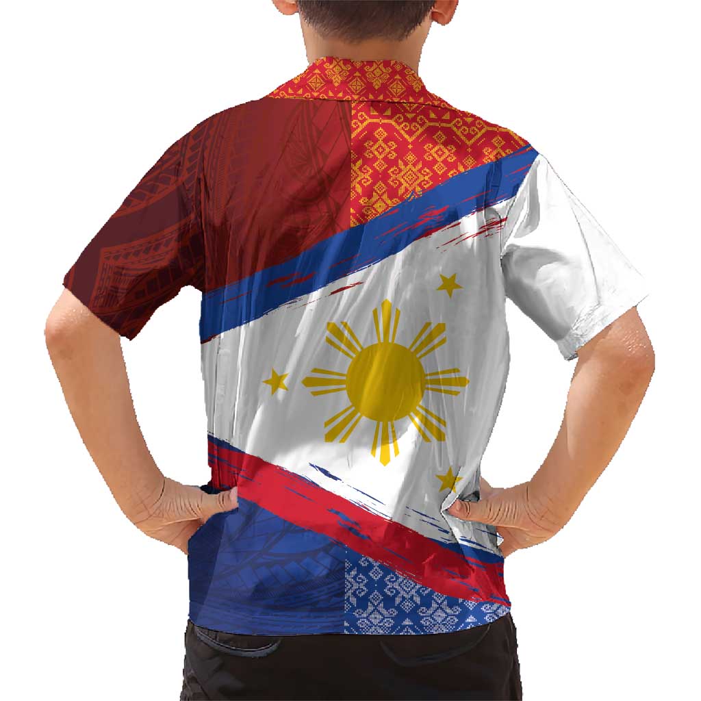 Philippines National Flag Day Family Matching Short Sleeve Bodycon Dress and Hawaiian Shirt Polynesian and Yakan Tattoo Brush Style