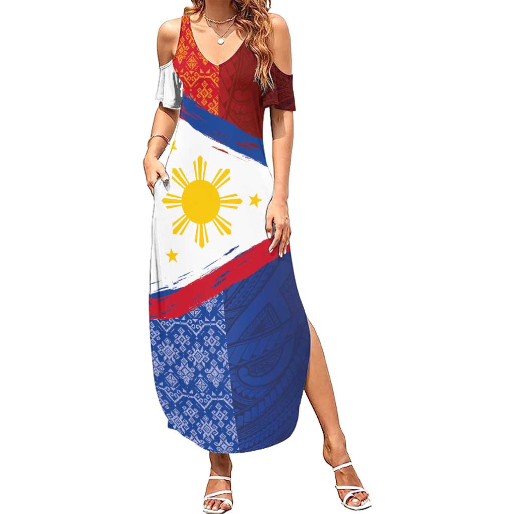 Philippines National Flag Day Family Matching Summer Maxi Dress and Hawaiian Shirt Polynesian and Yakan Tattoo Brush Style