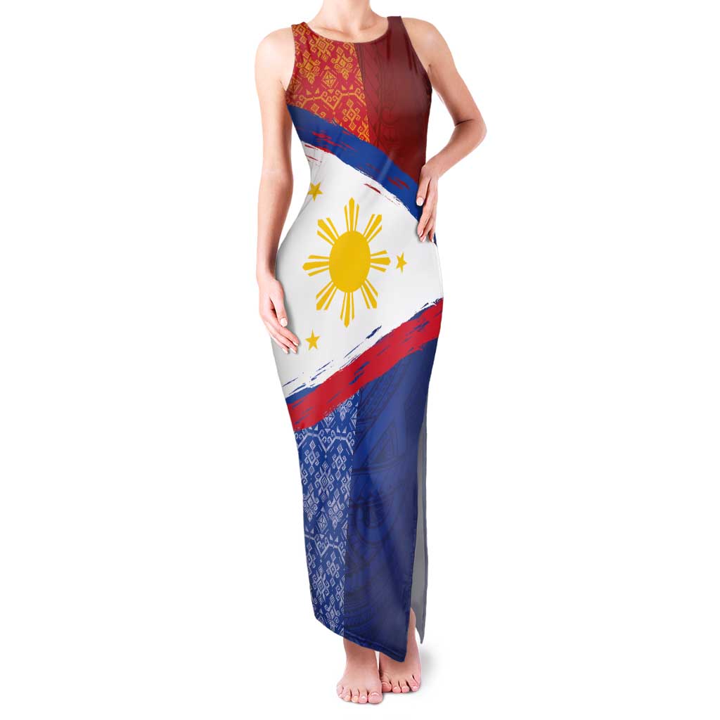 Philippines National Flag Day Family Matching Tank Maxi Dress and Hawaiian Shirt Polynesian and Yakan Tattoo Brush Style