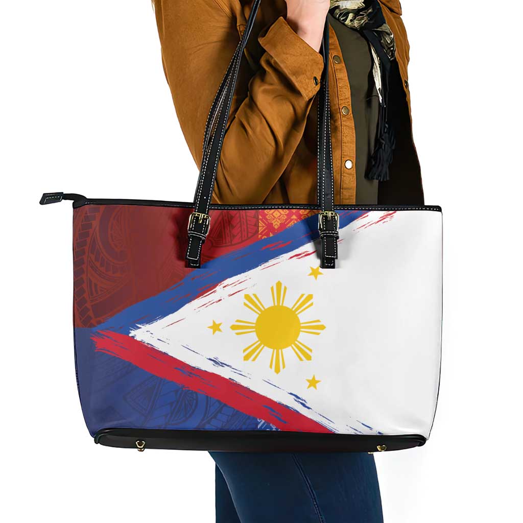 Philippines National Flag Day Leather Tote Bag Polynesian and Yakan Tattoo Brush Style