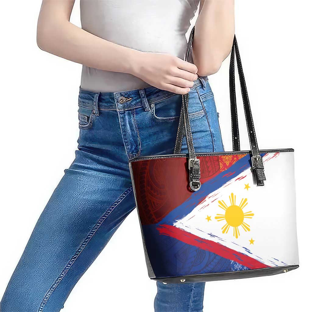 Philippines National Flag Day Leather Tote Bag Polynesian and Yakan Tattoo Brush Style