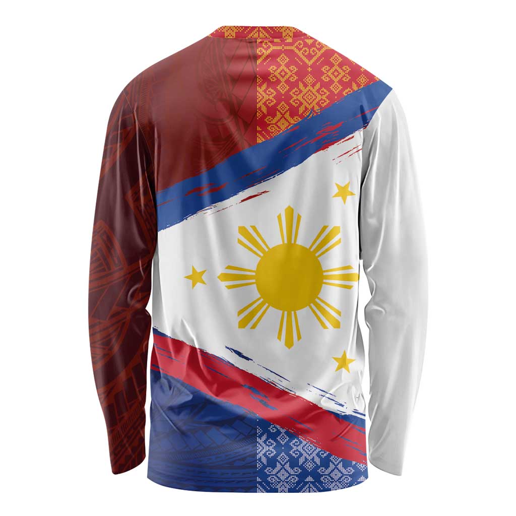 Philippines National Flag Day Long Sleeve Shirt Polynesian and Yakan Tattoo Brush Style