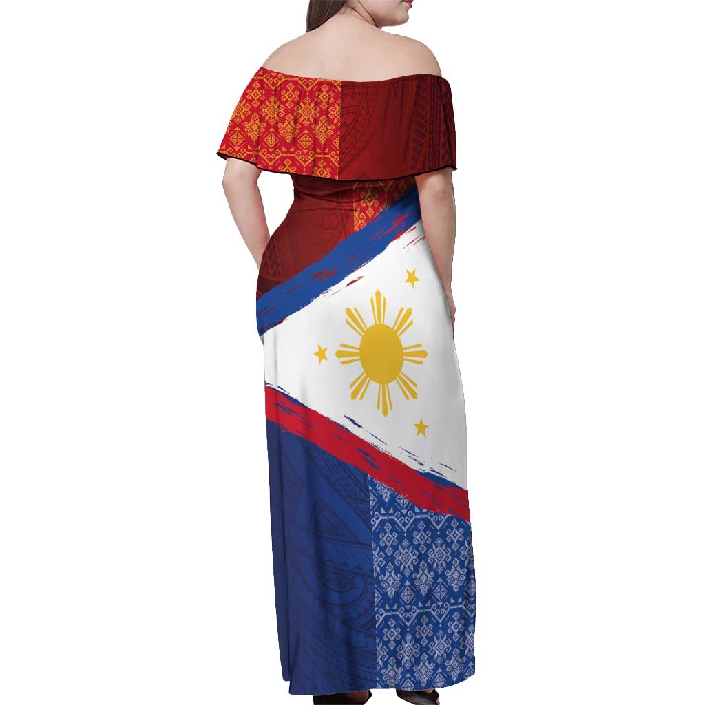 Philippines National Flag Day Off Shoulder Maxi Dress Polynesian and Yakan Tattoo Brush Style