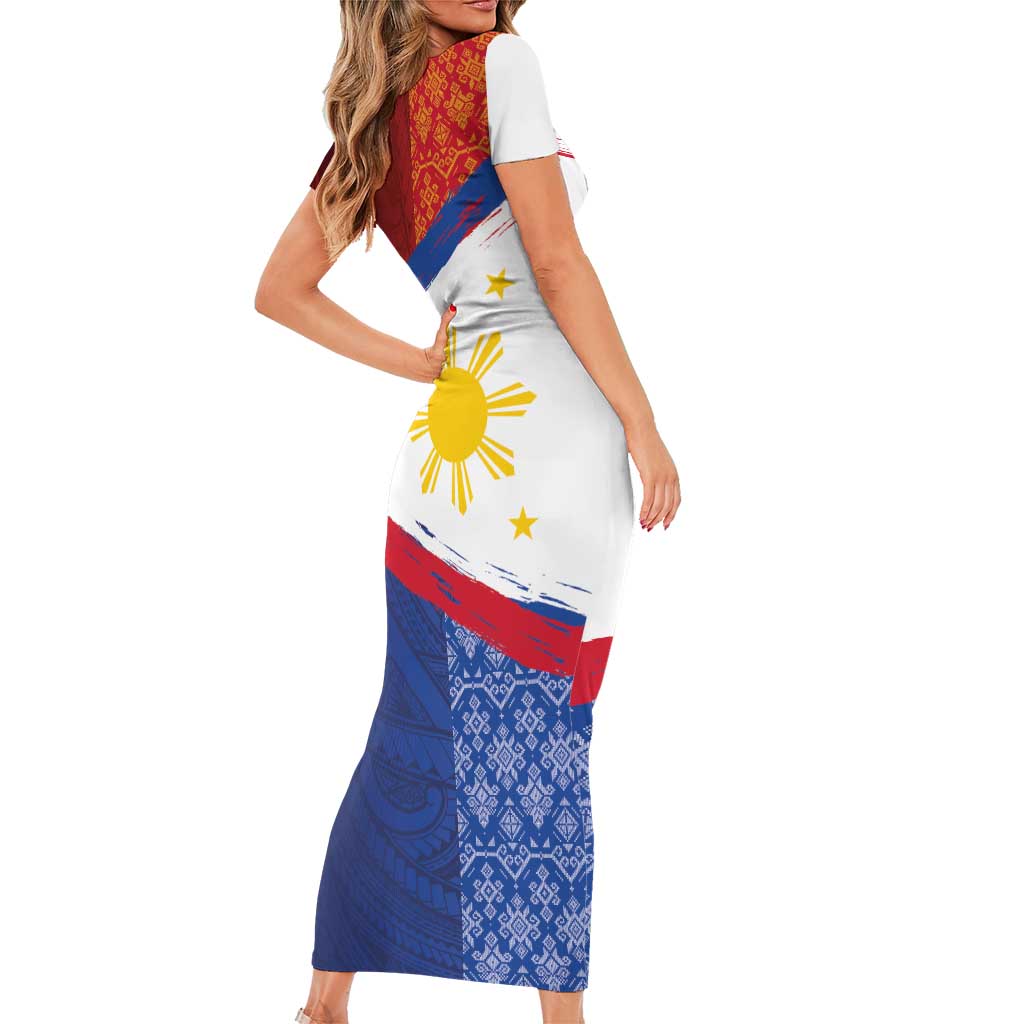 Philippines National Flag Day Short Sleeve Bodycon Dress Polynesian and Yakan Tattoo Brush Style