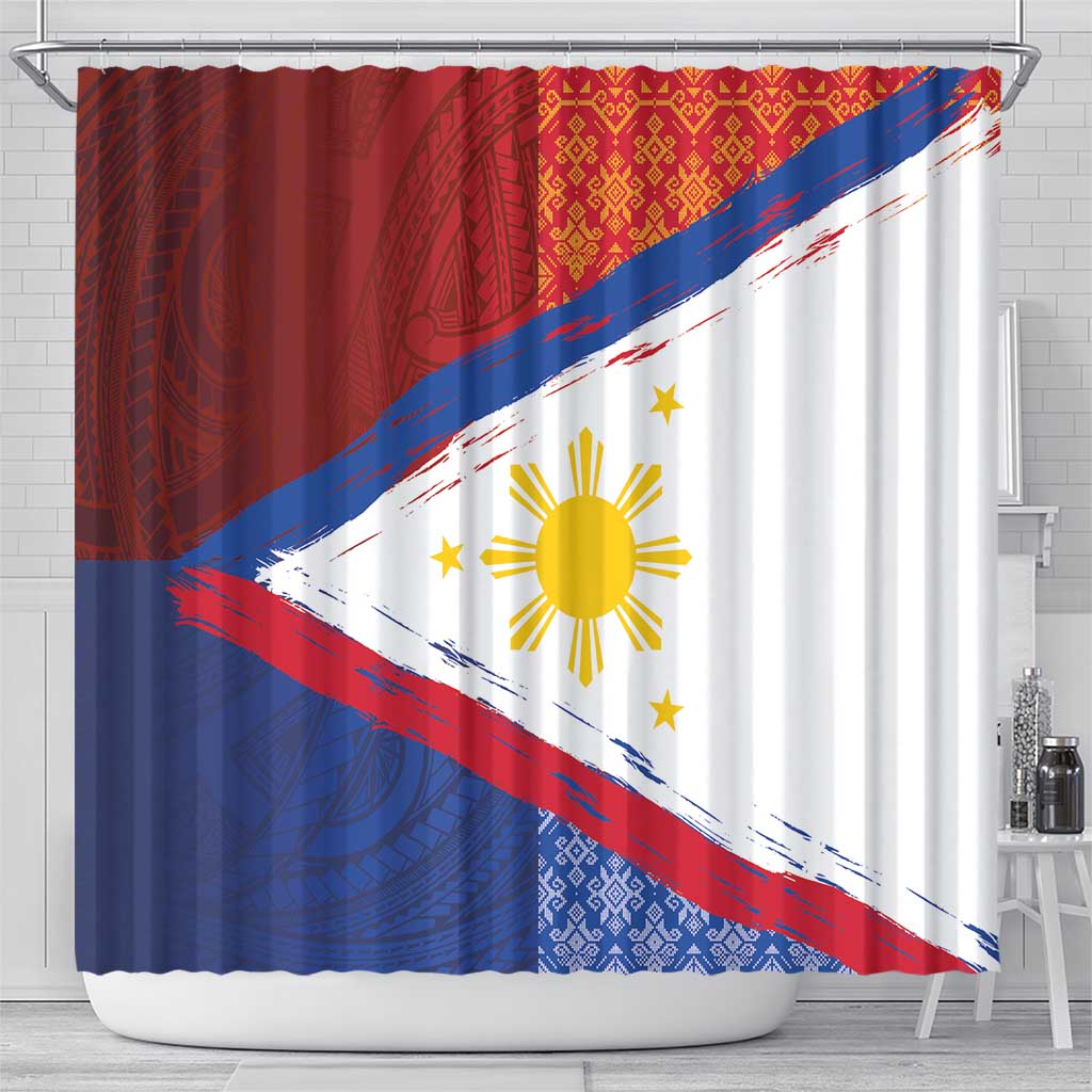 Philippines National Flag Day Shower Curtain Polynesian and Yakan Tattoo Brush Style